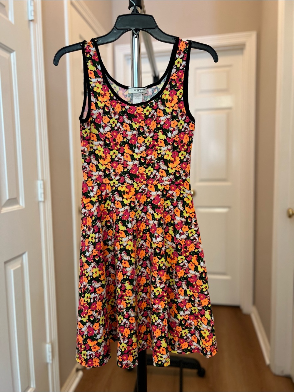 Janette Plus Vintage Black Floral Tank Dress with Pink & Yellow Flowers